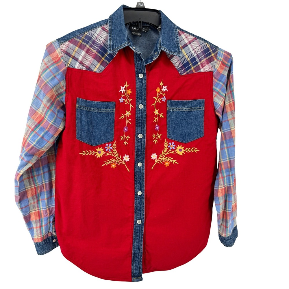 Vintage Carole Little Sport Petites Western Shirt 6‎ Red Denim Plaid Embroidered